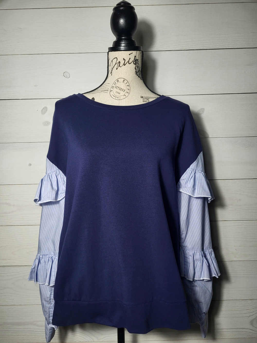 Halogen Navy Blue Top Striped Ruffle Sleeves Relaxed Fit Cotton Blend Shirt.